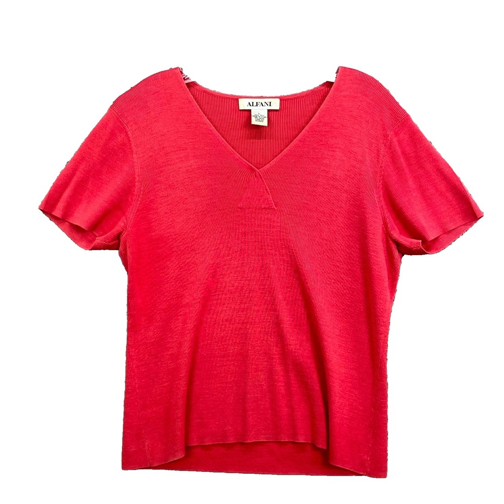 Alfani Knit Top Womens Large Coral Red Silk Ribbed V Neck Classic Preppy Winter